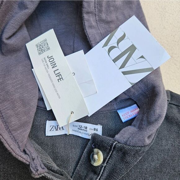 Zara Hooded Denim Overshirt with Long Sleeves Size 12-18 Months - Picture 7 of 11